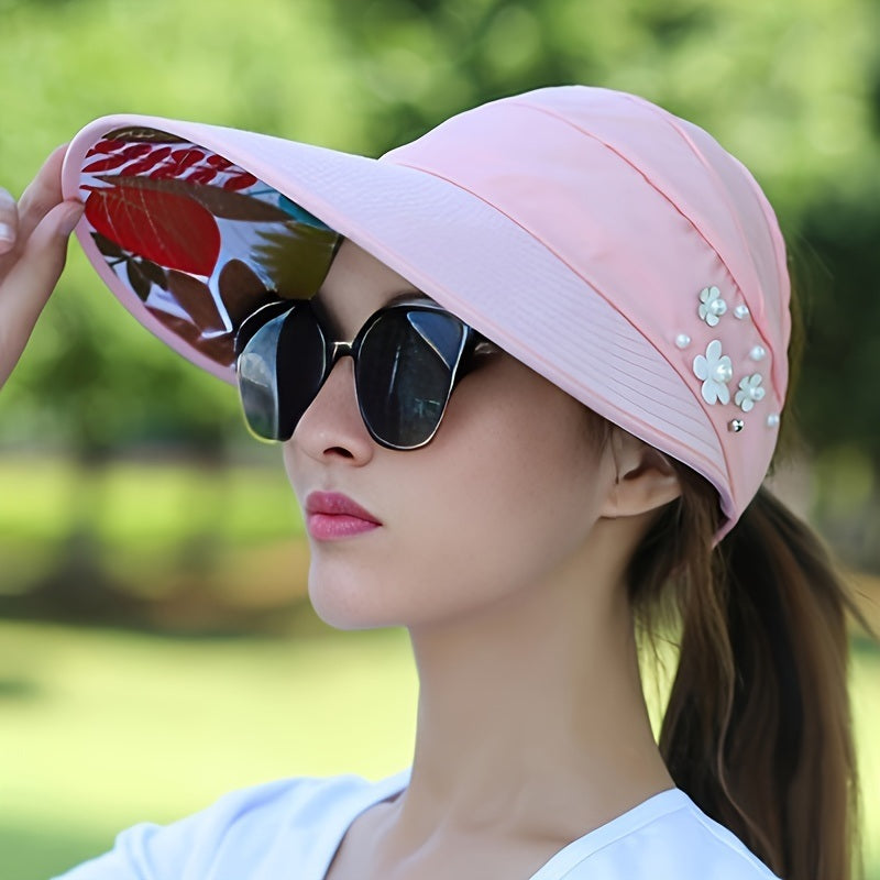 Wide Brim Sun Visor Foldable Picnic Hat Beach UV Protection Scallop Cap For Outdoor With Faux Pearl & Flower; Women's Hat & Caps Doba
